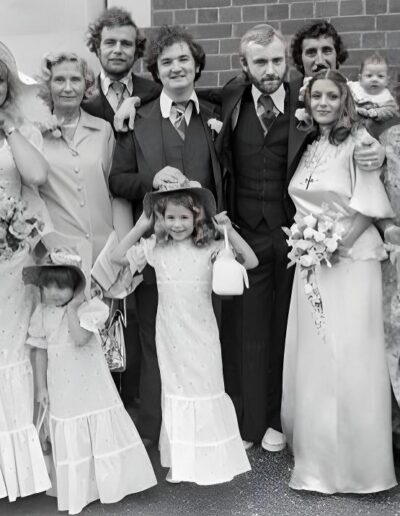 Outside the church with Phil’s best man, Ronnie Caryl, his little sister Zoe, Joely, Carole, Phil’s sister and his mum. My uncle Nando and baby nephew Paolo and my mum.